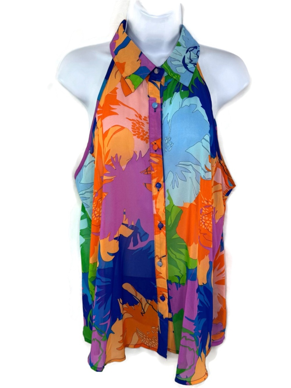 Vibrant Multicolor Floral Halter Button-Front Top XL Semi Sheer